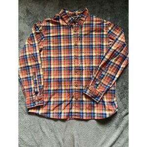 Duluth Trading Company Men's Large Cotton Buttoned Shirt ~Orange Blue‎ Plaid